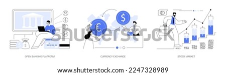 Financial system abstract concept vector illustration set. Open banking platform, currency exchange, stock market index, forex broker, digital transformation, global investment abstract metaphor.