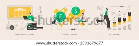 Financial system abstract concept vector illustration set. Open banking platform, currency exchange, stock market index, forex broker, digital transformation, global investment abstract metaphor.