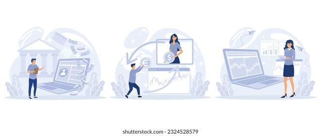 Financial system  concept, Open banking platform, currency exchange, stock market index, forex broker, digital transformation, global investment.  set flat vector modern illustration 