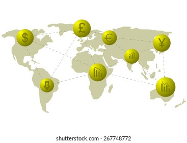 Financial system. World map with golden icons. Vector illustration.