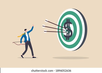 Financial target, bargain value or growth stocks selection investment make profit, reach savings and debt payment goal concept, smart businessman archer hitting dartboard or archery target bullseye