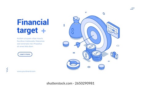 Destino financeiro lucro eficiência dos negócios produtividade esboço isométrico web banner design modelo vetor ilustração. Página inicial de realização comercial de gestão de patrimônio corporativo financeiro
