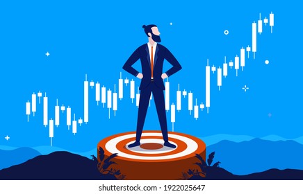 Financial target - Businessman standing on target with rising graph in background. Economic goals and growth concept. Vector illustration.