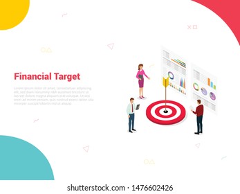 financial target company with big dart and team office people around it analyze data graph and chart with for website template or landing homepage isometric style - vector