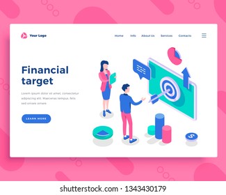 Financial target concept, office people and interact with screen. Landing page template. 3d isometric vector illustration.