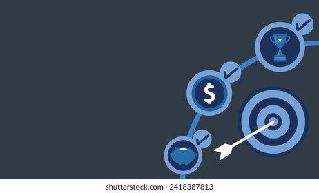 Financial target concept vector web banner design with dollar sign coin, target and arrow and piggy bank arrow icons,  check marks on  grey background. investing and reaching money goal idea.