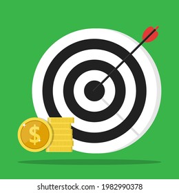 Financial target goal concept flat cartoon illustration, idea of marketing business money earnings aim,  strategy achievement, success targeting audience modern design