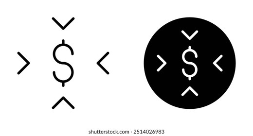 Conjunto de Ícones de Destino Financeiro - Sinal de Dólar com Setas, Realização de Objetivos de Dinheiro, Símbolo de Foco de Investimento, Objetivo de Orçamento, Representação de Objetivo Econômico, Estratégia Financeira, Crescimento de Receita, Objetivo de Lucro