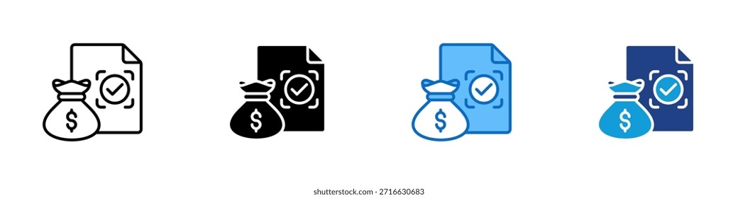 Vetor de Design de Ícone de Estilo Múltiplo de Destino Financeiro - Saco de dinheiro ao lado de um documento com marca de seleção representando a meta financeira ou o destino do orçamento