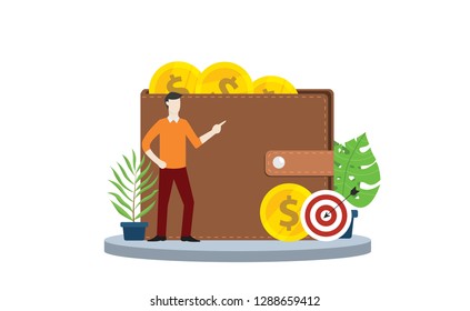 Financial Target Personal With Wallet And Gold Coin Money And Goals With Modern Style And Business Man Person On Left - Vector Illustration