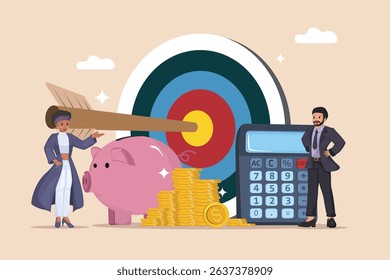 Financial Target Success and Investment Planning with Piggy Bank, Gold Coins, Calculator, and Business Professionals.