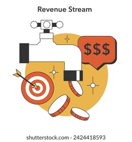 Financial targets concept. Tap dispensing coins and a bullseye with financial goals, representing revenue streams and monetization strategies for business growth. Earnings optimization. vector.