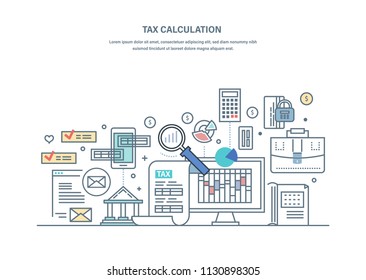 Financial tax calculations, accounting research, counting profit, income, business audit, data analytics, planning, service, tax management, budget calculation. Illustration thin line vector doodles.