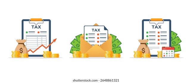 Conceito de Documentos de Imposto Financeiro com Ilustrações do Gráfico Dinheiro e Crescimento.