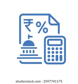 Financial Tax Icon – Document with Rupee Symbol, Percentage, Calculator, and Checklist in Minimalist Line Style