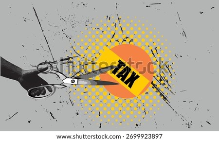 Financial Tax Reduction Concept: Scissors Cutting a Label with the Word TAX, Symbolizing Budget Cuts, Fiscal Policy, Economic Reform, and Savings.