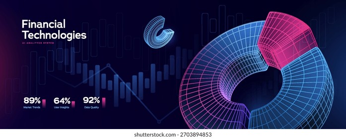 Las tecnologías financieras ayudan al sistema de análisis con tendencias de datos digitales, métricas y estadísticas. Futuristic fintech visuals informes de negocios presentaciones. Soluciones Fintech. Ilustración vectorial.