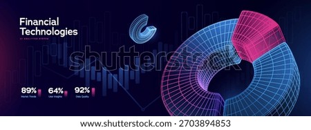 Financial technologies ai analytics system with digital data trends metrics insights dashboard chart. Futuristic fintech visuals business reports presentations. Fintech solutions. Vector illustration.
