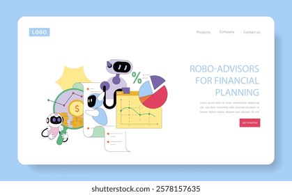 Financial Technologies concept. Animated robo-advisors assist with investment strategy, analyzing market trends and data. Digital asset management. Vector illustration.