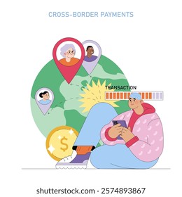 Financial technologies concept. Seamless cross-border payments illustrated with global transactions and diverse profiles. Mobile payment process. Vector illustration.