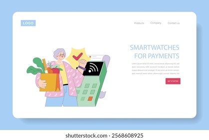 Financial Technologies concept. Senior woman using a smartwatch to make a contactless payment at a POS terminal. Modern payment methods. Vector illustration.