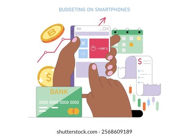 Financial Technologies concept. Smartphone displaying budget management tools and cryptocurrency, alongside credit card and financial charts. Mobile banking and investment tracking. Vector