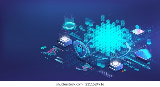 Financial technologies on the blockchain system for crypto currency. Isometric illustration mining cryptocurrency, fintech, network. Online blockchain service cryptocurrency mining. Vector isometric