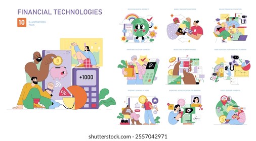 Financial Technologies set. Digital payment methods, cryptocurrency, and online banking education depicted in colorful vectors. Vector illustration.