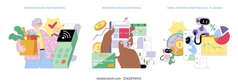 Financial Technologies set. Modern payment options, budget tracking, and robotic investment advice. Digital transaction evolution. Vector illustration.