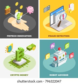 Financial Technology 2x2 Design Concept Set Of Fintech Innovation Fraud Detection Crypto Money Robot Advisor Square Compositions Isometric Vector Illustration   