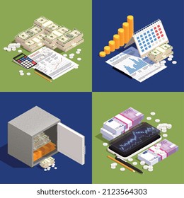 Tecnología financiera 2x2 set con dinero isométrico y símbolos de intercambio de bolsa ilustraciones vectoriales aisladas