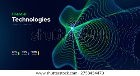 Financial Technology Abstract Background With Glowing Data Waves. Futuristic Fintech And Big Data Visualization Concept. Financial Technologies And Data Analytics Trends. Vector Illustration.