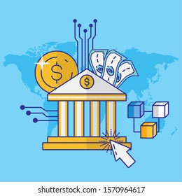 financial technology with bank building vector illustration design