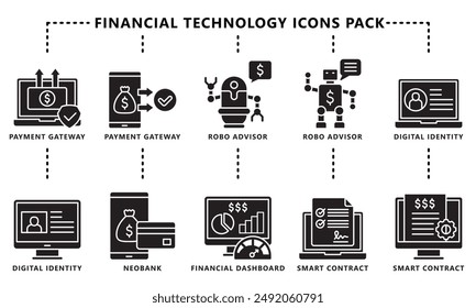 Financial technology black outline icons pack, contain payment gateway, robo advisor, digital identity, smart contract and more. vector EPS 10. use for UI,UX financial theme, app and web development.
