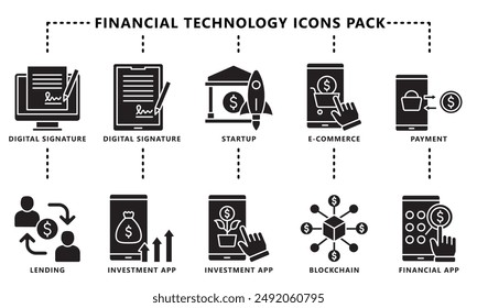 Financial technology black outline icons pack, contain digital signature, peer to peer landing, ecommerce and more. vector EPS 10. use for UI,UX financial theme, app and web development.