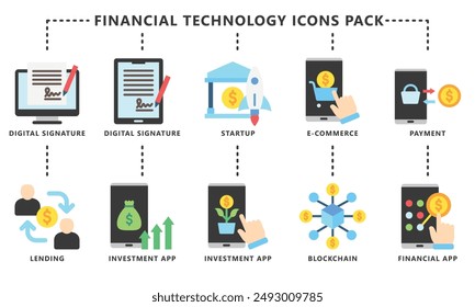 Financial technology black outline icons pack, contain digital signature, peer to peer landing, ecommerce and more. vector EPS 10. use for UI, UX financial theme, app and web development.