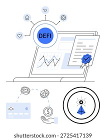 Tecnología financiera, blockchain, criptomonedas, contratos inteligentes, economía digital, sistemas descentralizados. Portátil con etiqueta DEFI, contrato inteligente y símbolos financieros. Blockchain y finanzas