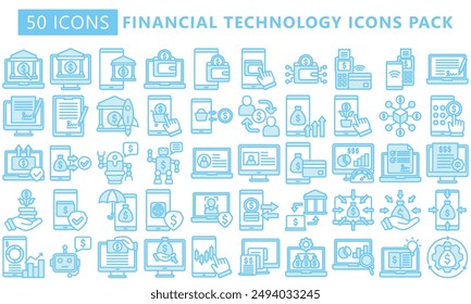 Financial technology blue color icons pack, contain online banking, e-wallet, payment, ecommerce, and more. vector EPS 10 .use for UI, UX financial theme, app and web development.