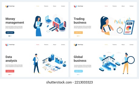 Financial technology, business strategy, big data analysis set vector illustration. Cartoon people research information on analytic platform concept for banner, website design or landing web page