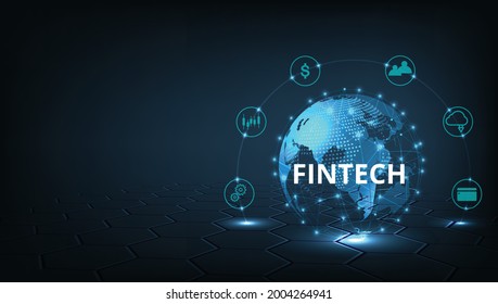 Financial technology and Business world class.Icon Fintech and things on dark blue technology background represents the connection Financial technology,banking and Business world class.