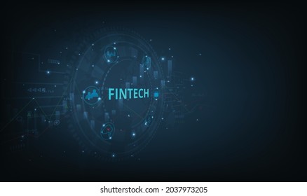 Financial Technology And Business World Class.Icon Fintech And Things On Dark Blue Technology Background Represents The Connection Financial Technology,banking And Business World Class.