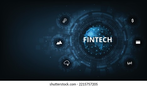 Financial Technology And Business World Class.Icon Fintech And Things On Dark Blue Technology Background Represents The Connection Financial Technology,banking And Business World Class.