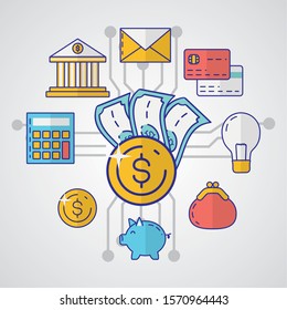 financial technology with coin dollar and set icons vector illustration design