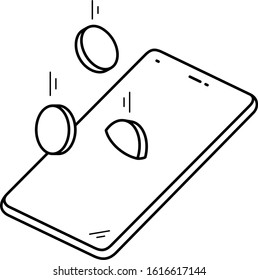 Financial technology. Coins are falling on a smartphone. Online mobile banking. Vector outline icon.