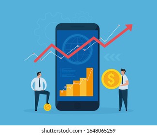 Financial technology concept. Analyze statistics on the smartphone. Banking method with smartphones for mobile banking.  Vector illustration.