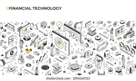 Financial technology concept. Business integrates AI, blockchain, and data science with conventional financial processes in order to make them swift and  more efficient. Isometric illustration