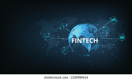 Financial technology concept and Business world class.Icon Fintech and things on dark blue technology background represents the connection Financial technology,banking and Business world class.