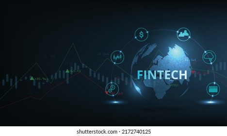 Financial technology concept and Business world class design.Icon Fintech and things on dark blue technology background represents the connection Financial technology,banking and Business world class.