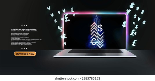 Financial Technology Concept: Laptop with Dollar and Euro Symbols on Screen, Surrounded by Floating Currency Icons