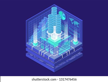 Financial technology concept with stacks of virtual dollars and data flow of transactions as isometric vector illustration	